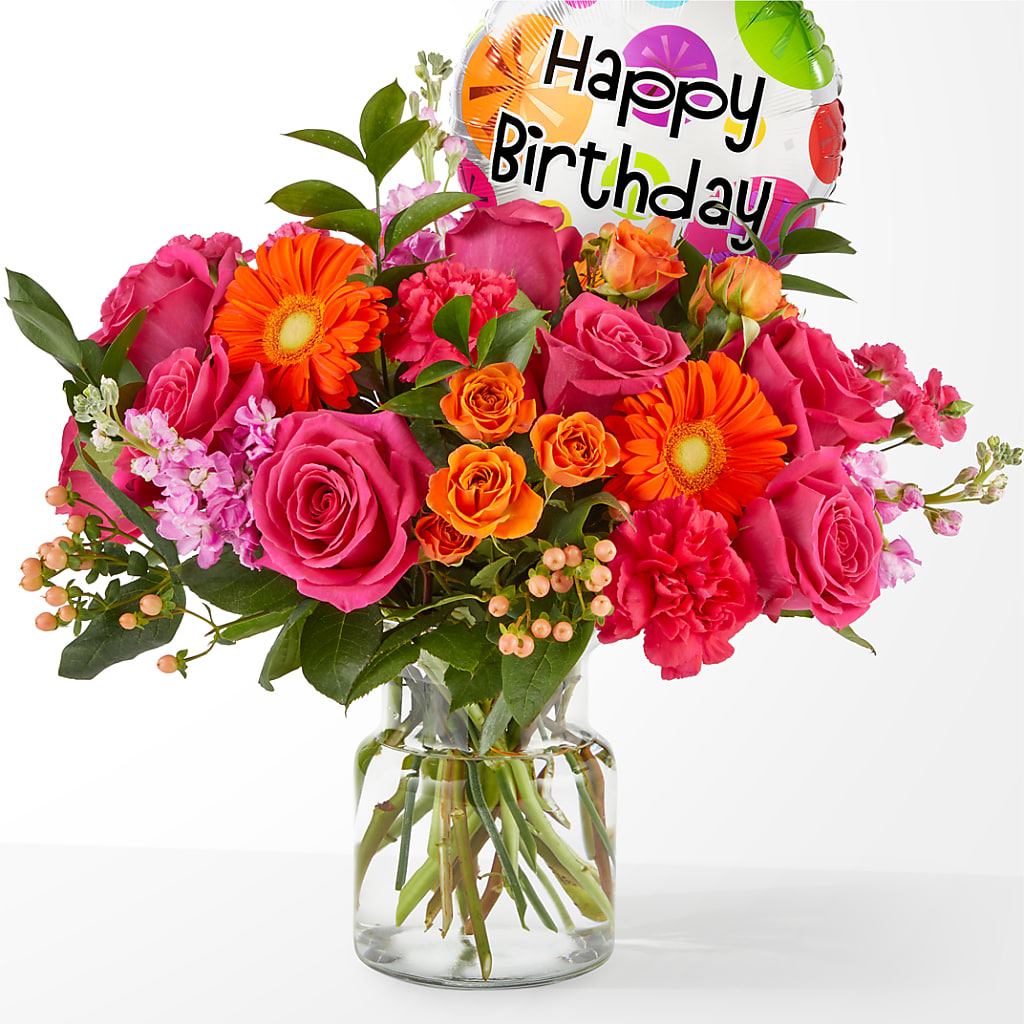Fiesta Bouquet with Birthday Balloon – Walnut Creek Florist, Walnut Creek CA