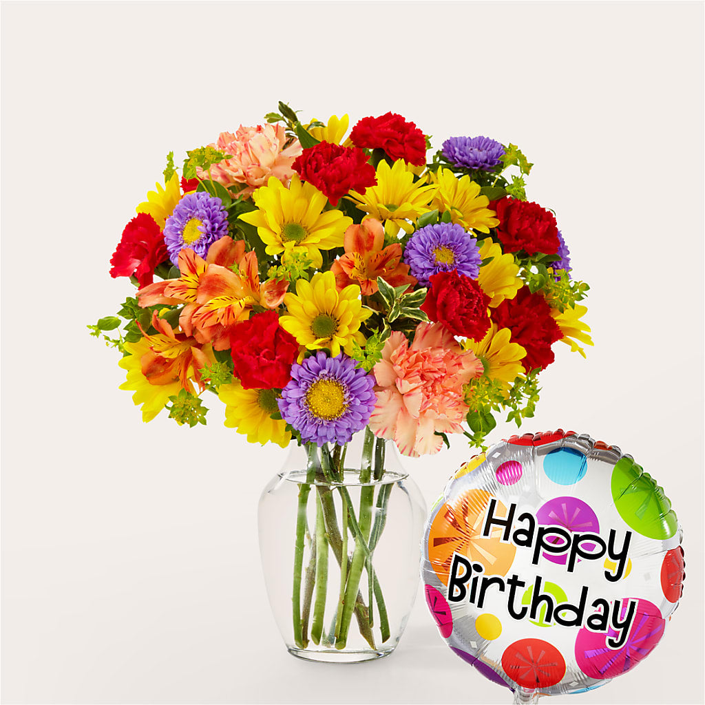 Kaleidoscope Bouquet with Birthday Balloon – Walnut Creek Florist, Walnut Creek CA