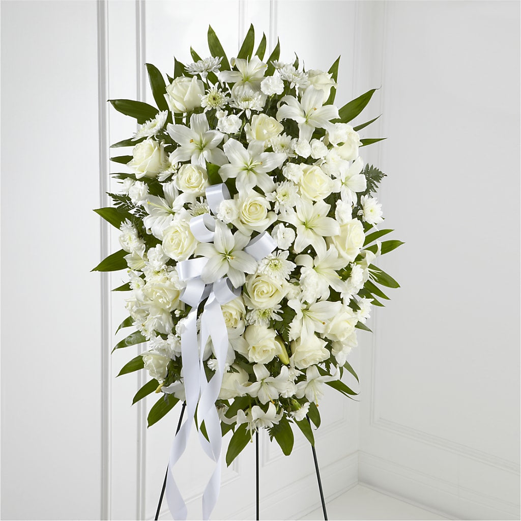 Exquisite Tribute Standing Spray-White Ribbon – Walnut Creek Florist, Walnut Creek CA