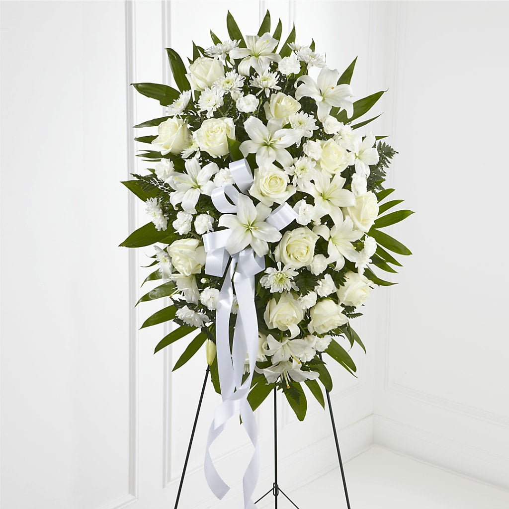 Exquisite Tribute Standing Spray-White Ribbon – Walnut Creek Florist, Walnut Creek CA